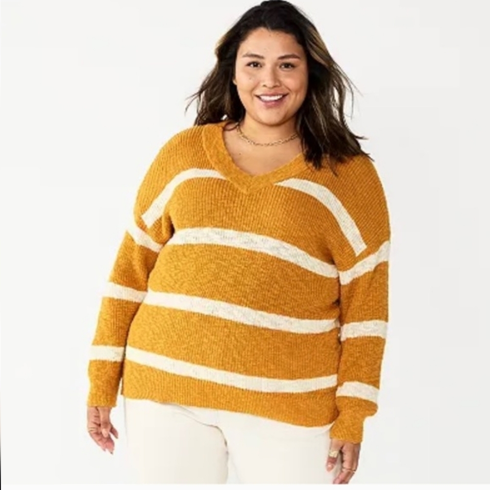V-neck Mustard Yellow Striped Sweater Relaxed Fit Comfy Size 2X